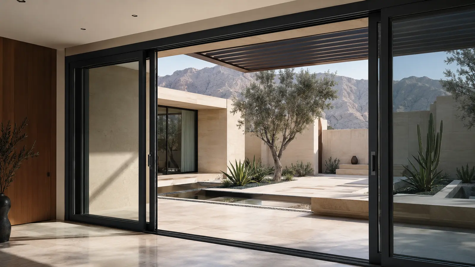 Modern aluminium sliding doors opening onto a landscaped courtyard in a contemporary Muscat villa